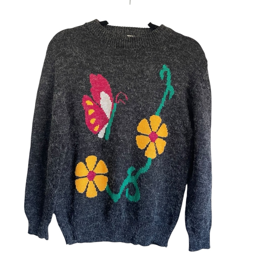 Vintage Floral Butterfly Pattern Gray‎ Sweater Estimated Size Medium